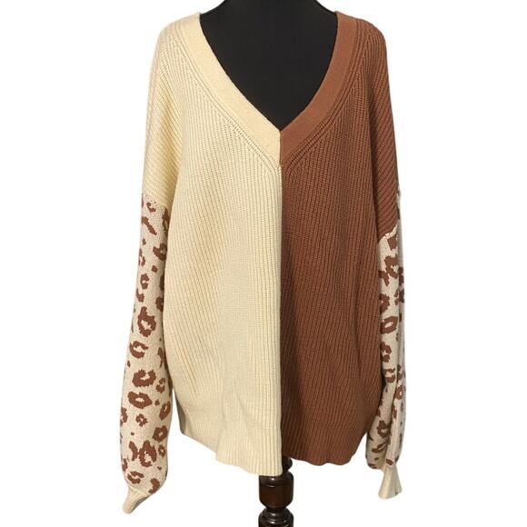 Pink Lily Sweaters - Pink Lily Oversized Ribbed Sweater Colorblock Leopard Sleeve XL 1X Cozy Casual